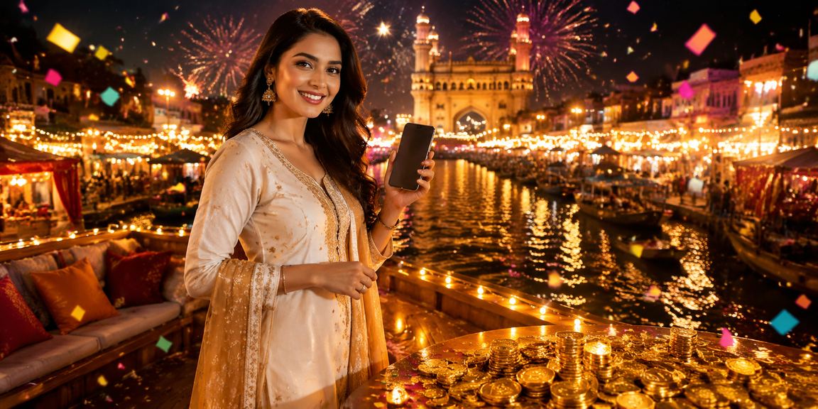 Hyderabad Charminar with vibrant lottery and online gaming atmosphere